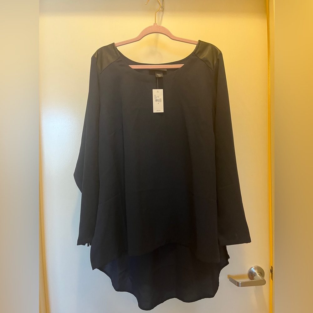 Lane Bryant blue blouse long sleeves with zipper & faux leather shoulder accents
